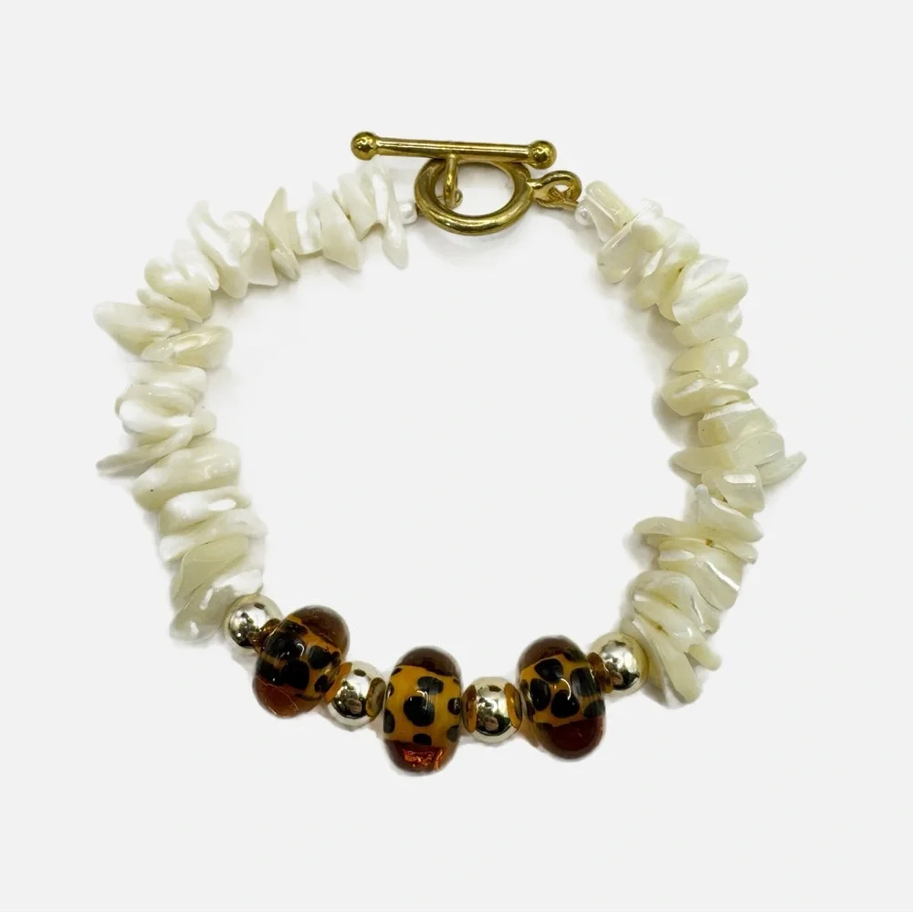 Mother of Pearl and glass leopard print bead toggle closure bracelet
